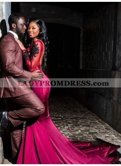 2023 Burgundy Satin Mermaid/Trumpet Long Sleeve Scoop Neck Backless Applique Beaded See Through Prom Dresses