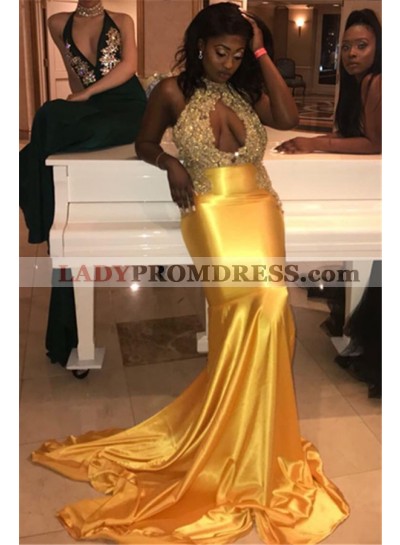 2023 Halter High Neck Sleeveless Cut Out Applique Beaded Mermaid/Trumpet Satin Prom Dresses