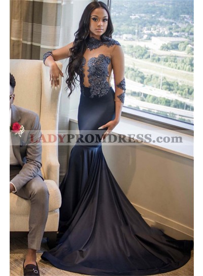 2023 Navy Blue High Neck Long Sleeve Applique Beaded See Through Satin Mermaid/Trumpet Prom Dresses