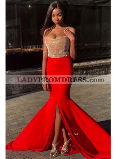 2023 Gold Red Color Blocking Sweetheart Strapless Split-Front Sequins Mermaid/Trumpet Prom Dresses