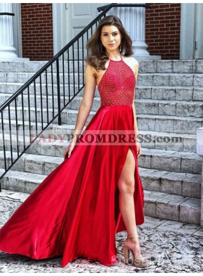 2023 Gorgeous Halter Sleeveless Backless Beaded High Low Split-Front Prom Dresses