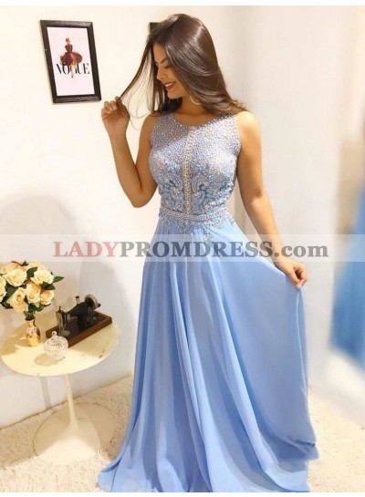 2023 Elegant Sheath/Column Scoop Neck Sleeveless Applique Beaded Chiffon Prom Dresses