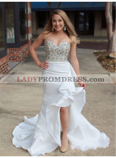 2023 Glamorous Sweetheart Strapless Ruffle Trim Split-Front Beaded Mermaid/Trumpet Prom Dresses