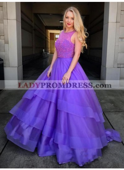 2023 Ball Gown Scoop Neck Sleeveless Beading High Low Tiers Organza Prom Dresses