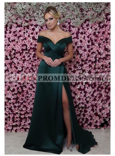 2023 Elegant Sheath/Column Off-The-Shoulder Sweetheart Strapless Split-Front Satin Prom Dresses