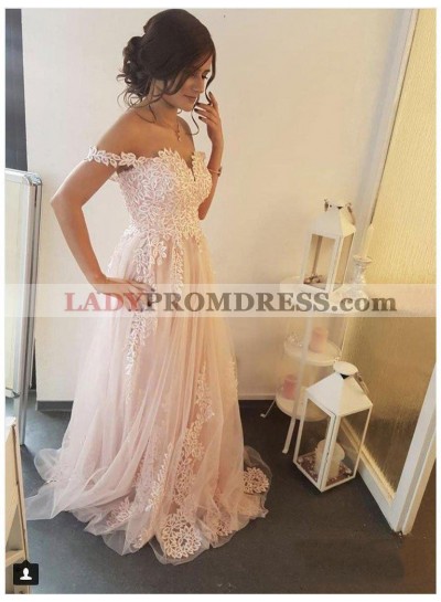 2023 Sweet A-Line/Princess Off-The-Shoulder V Neck Applique Tulle Prom Dresses