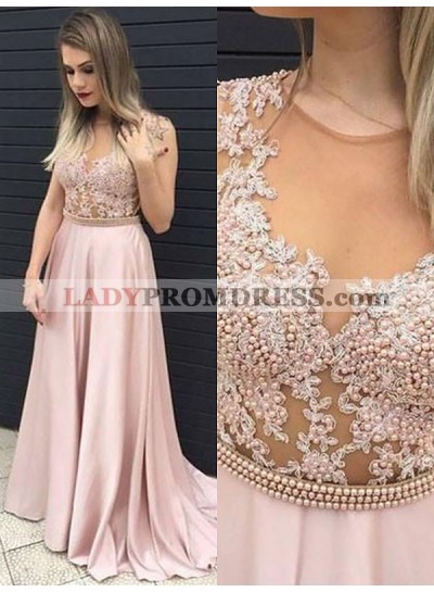 2023 A-Line/Princess Sleeveless Applique Beaded See Through Satin Prom Dresses