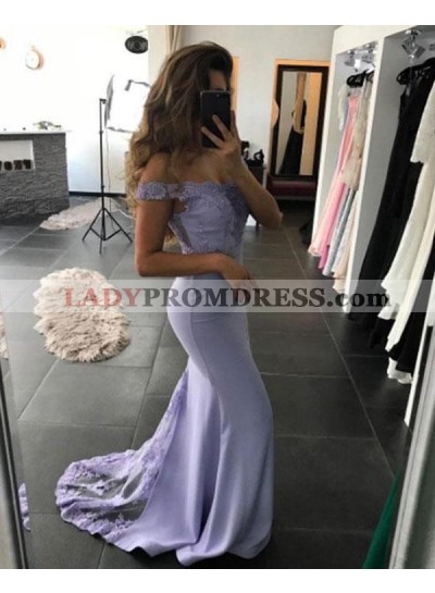 2023 Lavender Off-The-Shoulder Strapless Lace Satin Mermaid/Trumpet Prom Dresses