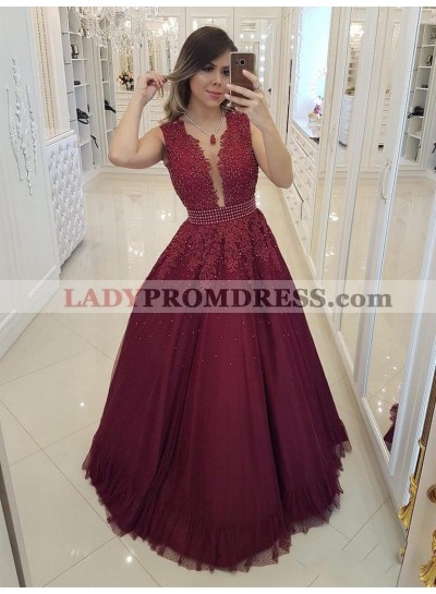 2023 Charming A-Line/Princess V Neck Sleeveless Applique Beaded Tulle Prom Dresses