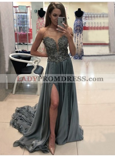 2023 Gorgeous Sheath/Column Sweetheart Strapless Split-Front Applique Beaded Chiffon Prom Dresses With Train