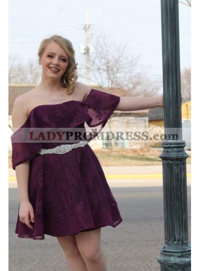 2023 A-Line/Princess Lace Ruffle Trim Off-The-Shoulder Cut Short/Mini Homecoming Dresses