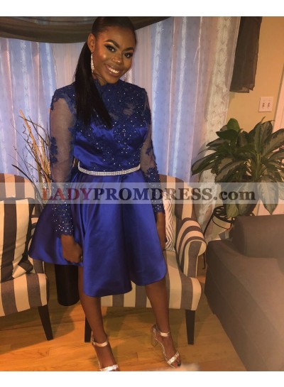 2023 A-Line/Pricess Jewel Neck Long Sleeve  Applique Beading Knee-Length Satin Short/Mini Homecoming Dresses