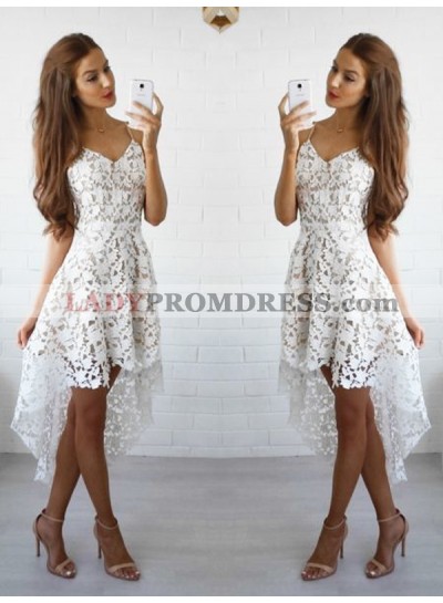 2023 A-Line/Princess Spaghetti Straps V Neck Sleeveless Lace High Low Short/Mini Homecoming Dresses