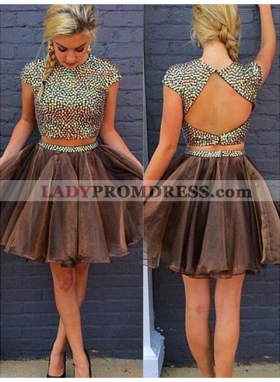 2023 A-Line/Princess Two Piece Jewel Neck Short Sleeve Beading Back Cut Out Organza Short/Mini Homecoming Dresses