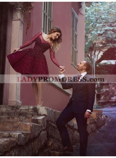 2023 A-Line/Princess Scoop Neck Long Sleeve Beading Knee-Length Short/Mini Homecoming Dresses