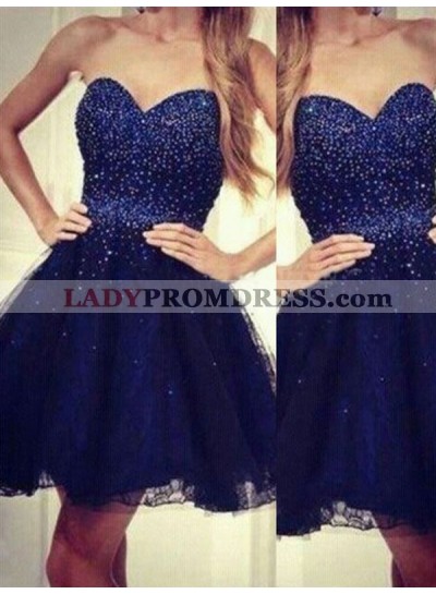 2023 A-Line/Princess Sweetheart Strapless Sleeveless Beading Lace Short/Mini Homecoming Dresses