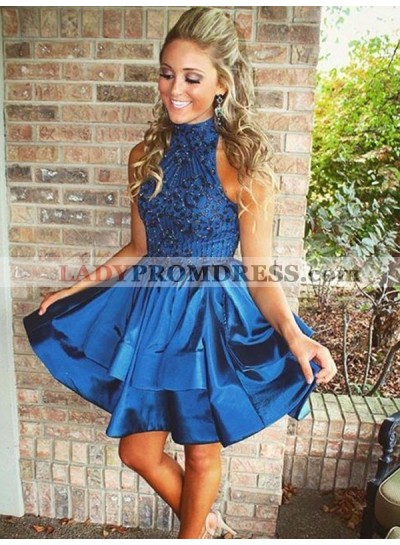 2023 A-Line/Princess High Neck Sleeveless Layers Beading Satin Cut Short/Mini Homcoming Dresses