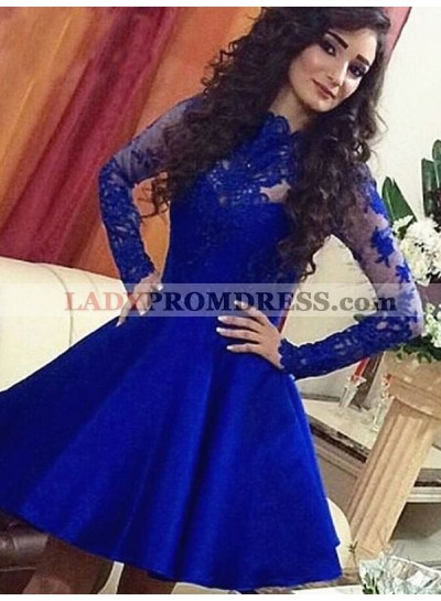 2023 A-Line/Princess Jewel Neck Long Sleeve Applique Beading Short/Mini Homecoming Dresses