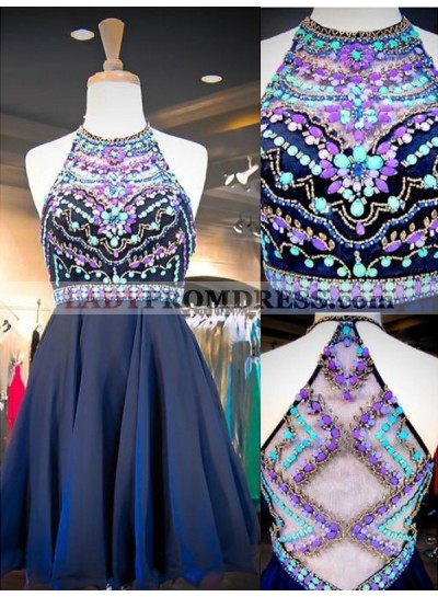 2023 A-Line/Princess Halter Sleeveless Rhinestone Beaded Chiffon Short/Mini Homecoming Dresses