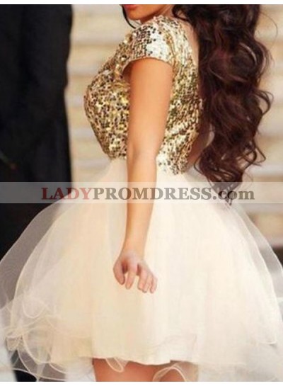 2023 Ball Gown Scoop Neck Short Sleeve Sequin Organza Cut Short/Mini Homecoming Dresses