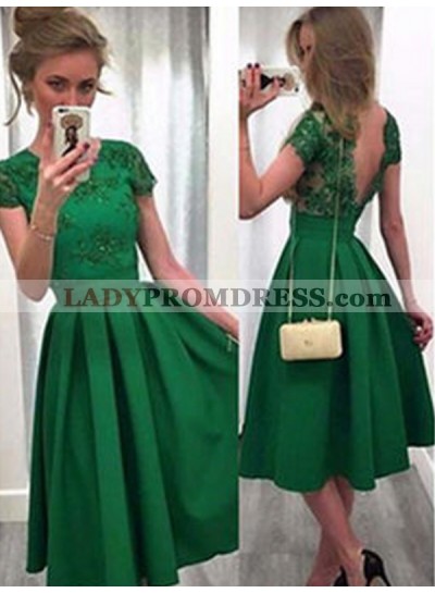 2023 A-Line/Princess Scoop Neck Short Sleeve V Back Lace Satin Tea-Length Homecoming Dresses