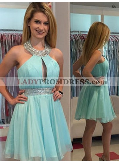 2023 A-Line/Princess Halter Sleeveless Cut Out Beading Sash/Ribbon/Belt Chiffon Cut Short/Mini Homecoming Dresses