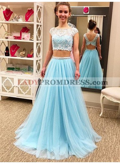A Line Bateau Blue Tulle Two Pieces Cap Sleeve Lace Prom Dresses 2023
