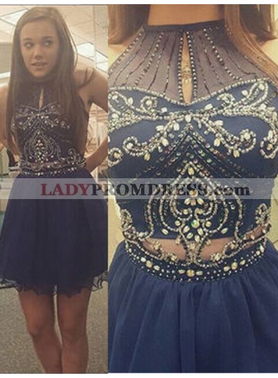 2023 A-Line/Princess Halter Sleeveless Beading Cut Out Cut Short/Mini Homecoming Dresses