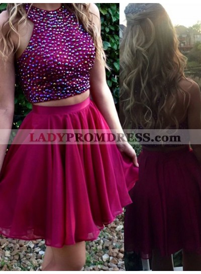 2023 A-Line/Princess Halter Sleeveless Beaded Chiffon Two Piece Cut Short/Mini Homecoming Dresses