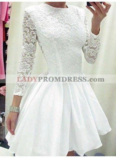 2023 A-Line/Princess Jewel Neck Long Sleeve Lace Cut Short/Mini Homecoming Dresses