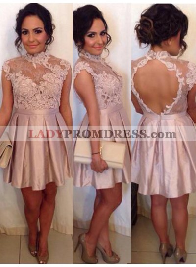 2023 A-Line/Princess High Neck Sleeveless Applique Cut Out Pleated Satin Cut Short/Mini Homecoming Dresses