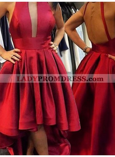 2023 A-Line/Princess Pleated Cut Out Satin High Low Homecoming Dresses
