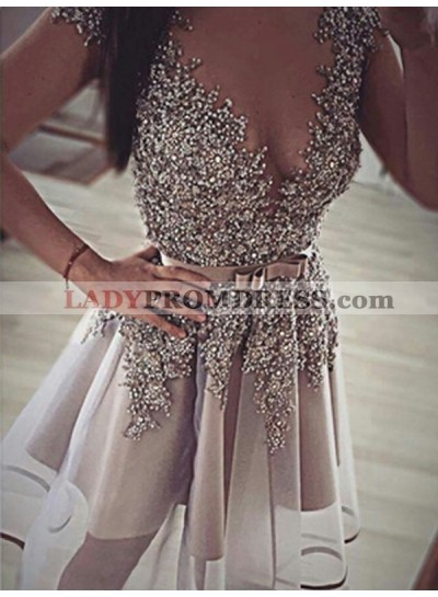2023 A-Line/Princess V Neck Sleeveless Bowknot Beading Organza Cut Short/Mini Homecoming Dresses