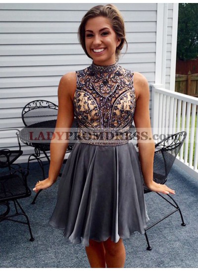 2023 A-Line/Princess High Neck Sleeveless Beading Cut Short/Mini Homecoming Dresses