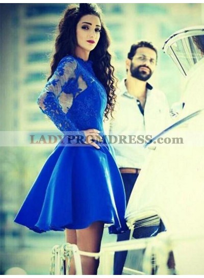 2023 A-Line/Princess Scoop Neck Long Sleeve Applique Cut Short/Mini Homecoming Dresses