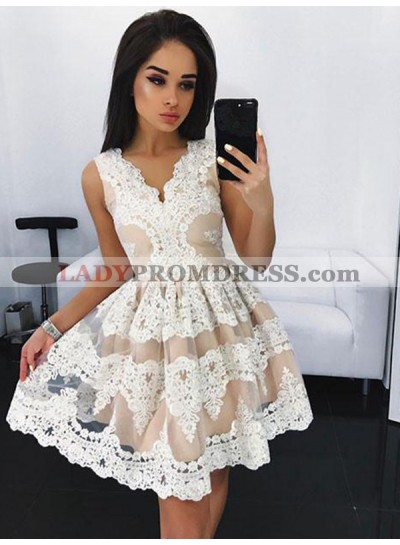 2023 A-Line/Princess V Neck Sleeveless Applique Cut Short/Mini Homecoming Dresses
