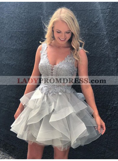 2023 Ball Gown V Neck Sleeveless Backless Applique Beading Layers Organza Cut Short/Mini Homecoming Dresses
