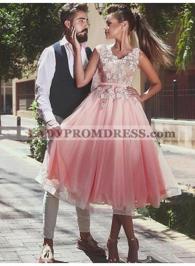 2023 A-Line/Princess V Neck Sleeveless Applique Beading Organza Tea-Length Homecoming Dresses