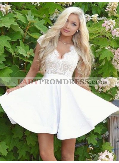 2023 A-Line/Princess V Neck Cap Sleeve Cut Out Back Lace Cut Short/Mini Homecoming Dresses