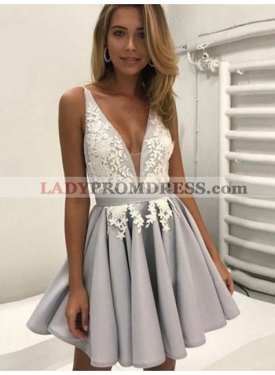 2023 A-Line/Princess V Neck Sleeveless Applique Pleated Backless Cut Short/Mini Homecoming Dresses