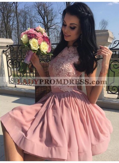 2023 A-Line/Princess Scoop Neck Sleeveless Applique Pleated Cut Short/Mini Homecoming Dresses