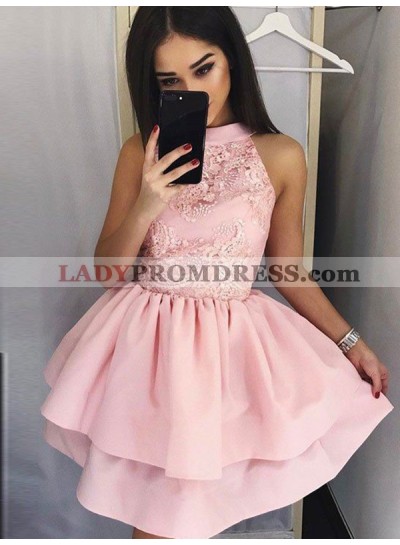 2023 Ball Gown Halter Sleeveless Lace Pleated Layers Cut Short/Mini Homecoming Dresses