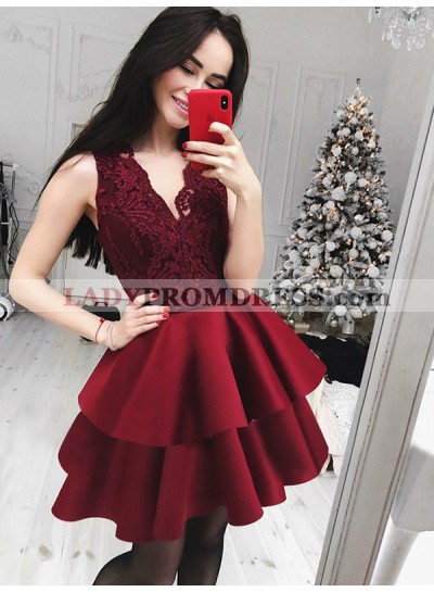 2023 Ball Gown V Neck Sleeveless Layers Lace Cut Short/Mini Homecoming Dresses