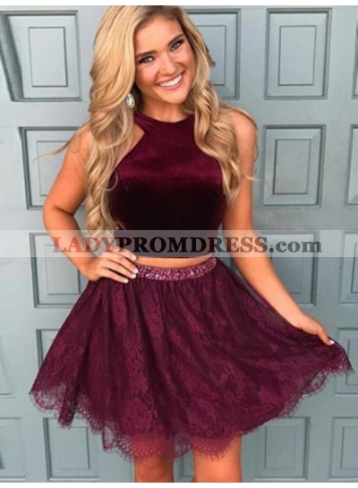 2023 A-Line/Princess Halter Sleeveless Two Piece Beading Lace Cut Short/Mini Homecoming Dresses