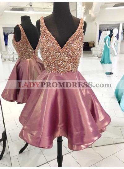 2023 A-Line/Princess V Neck Sleeveless V Back Beading Layers Cut Short/Mini Homecoming Dresses