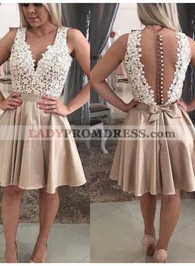 2023 A-Line/Princess V Neck Sleeveless Applique Botton Bowknot Cut Short/Mini Homecoming Dresses