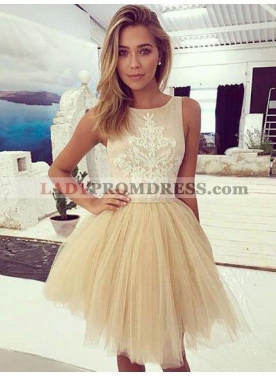 2022 Ball Gown Scoop Neck Sleeveless Applique Tulle Cut Short/Mini Homecoming Dresses