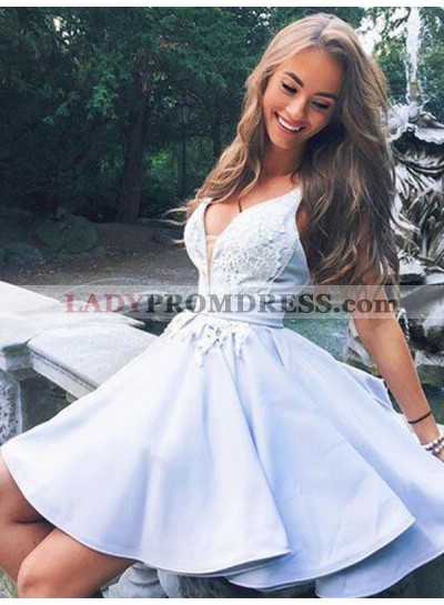 2023 A-Line/Princess V Neck Sleeveless Applique Cut Short/Mini Homecoming Dresses