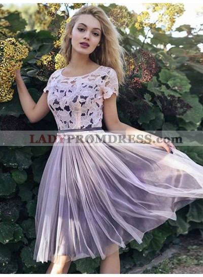2023 A-Line/Princess Scoop Neck Short Sleeve Lace Tulle Knee-Length Homecoming Dresses