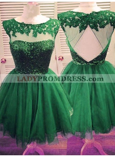 2023 Ball Gown Scoop Neck Sleeveless Cut Out Back Applique Beading Tulle Cut Short/Mini Homecoming Dresses